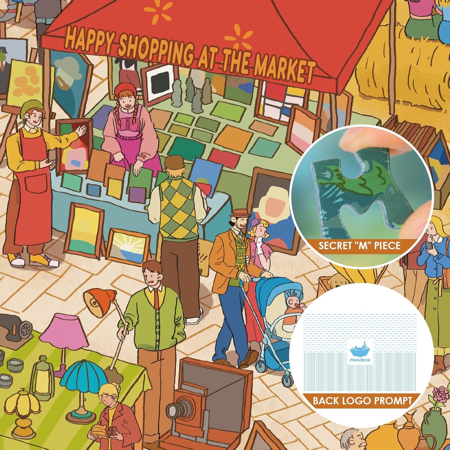 MOMIBOOK Puzzles for Adults 1000 Pieces Jigsaw Puzzles of Happy Shopping at The Market, Painting Image Town Difficult Challenging Hard Impossible Puzzle Unique Funny Party Christmas Birthday Gifts
