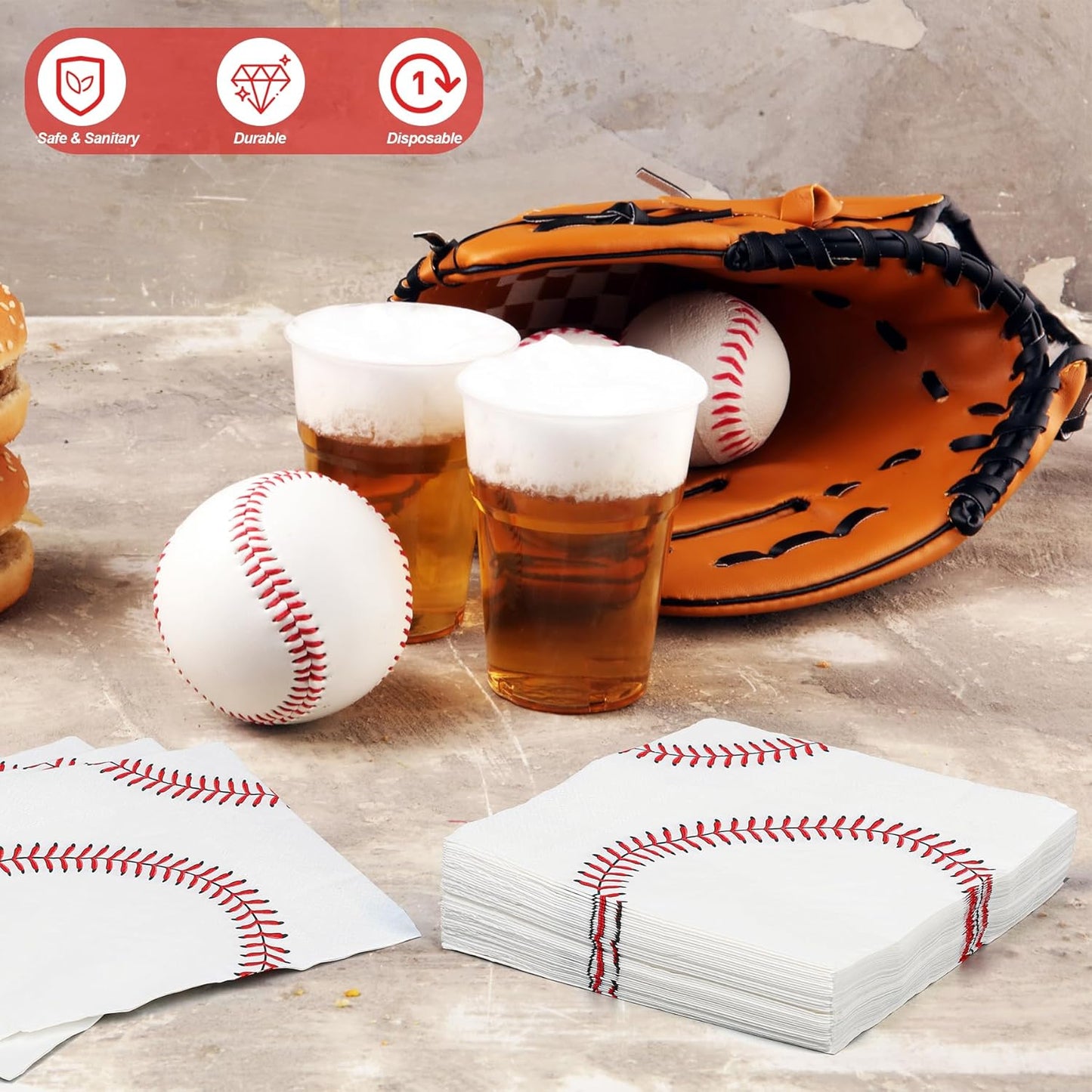 Aodaer 48 Pieces Baseball Napkins - 13 x 13 Inches Disposable Pattern Napkins for Sports Party Supplies, Birthday Party Decorations