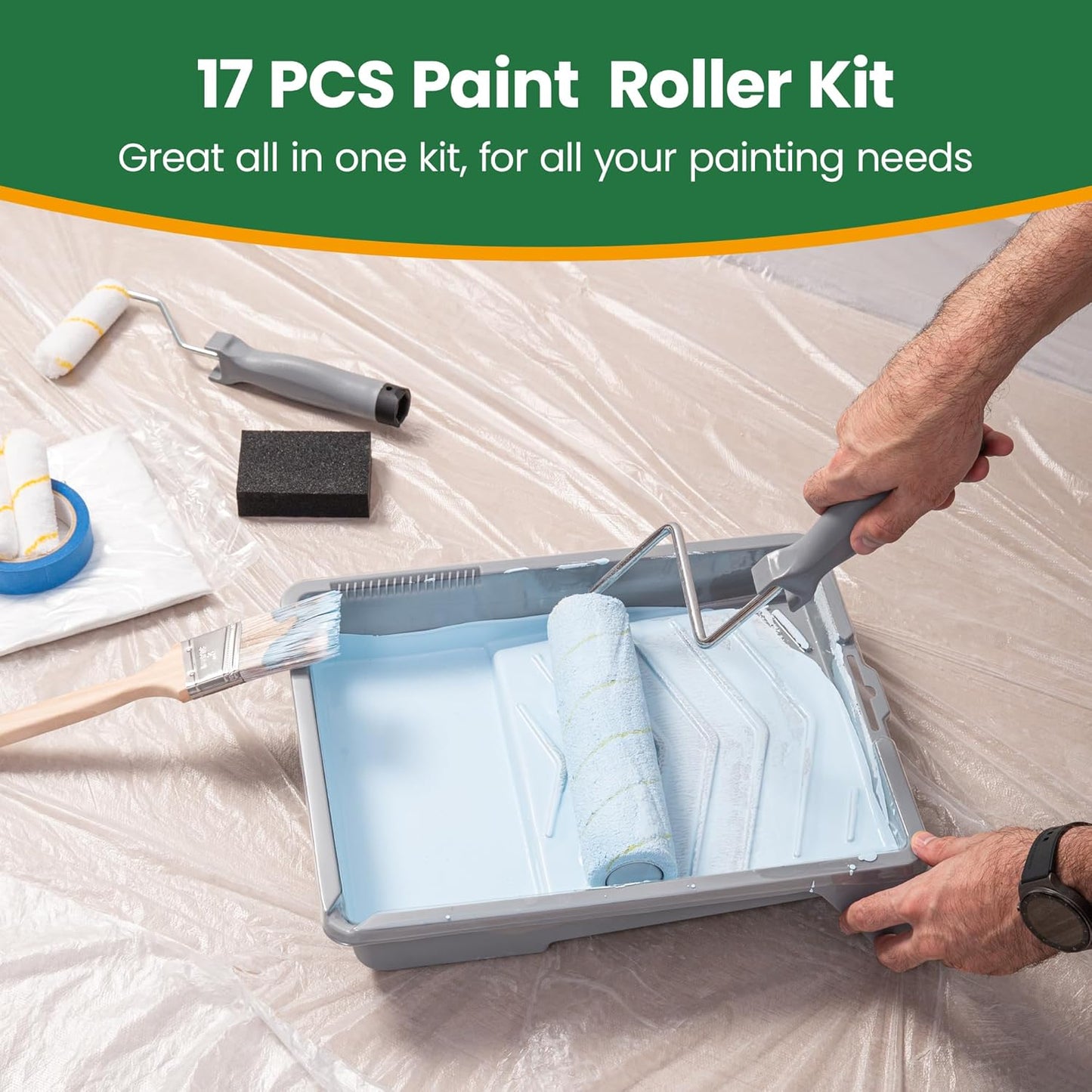 VOOMEY 17 Piece Paint Roller Kit - Paint Rollers 9"4", Paint Roller Frame，Paint Trays, Microfiber Roller Cover, Paint Kit for House Painting,Paint Brushes for Painting Walls
