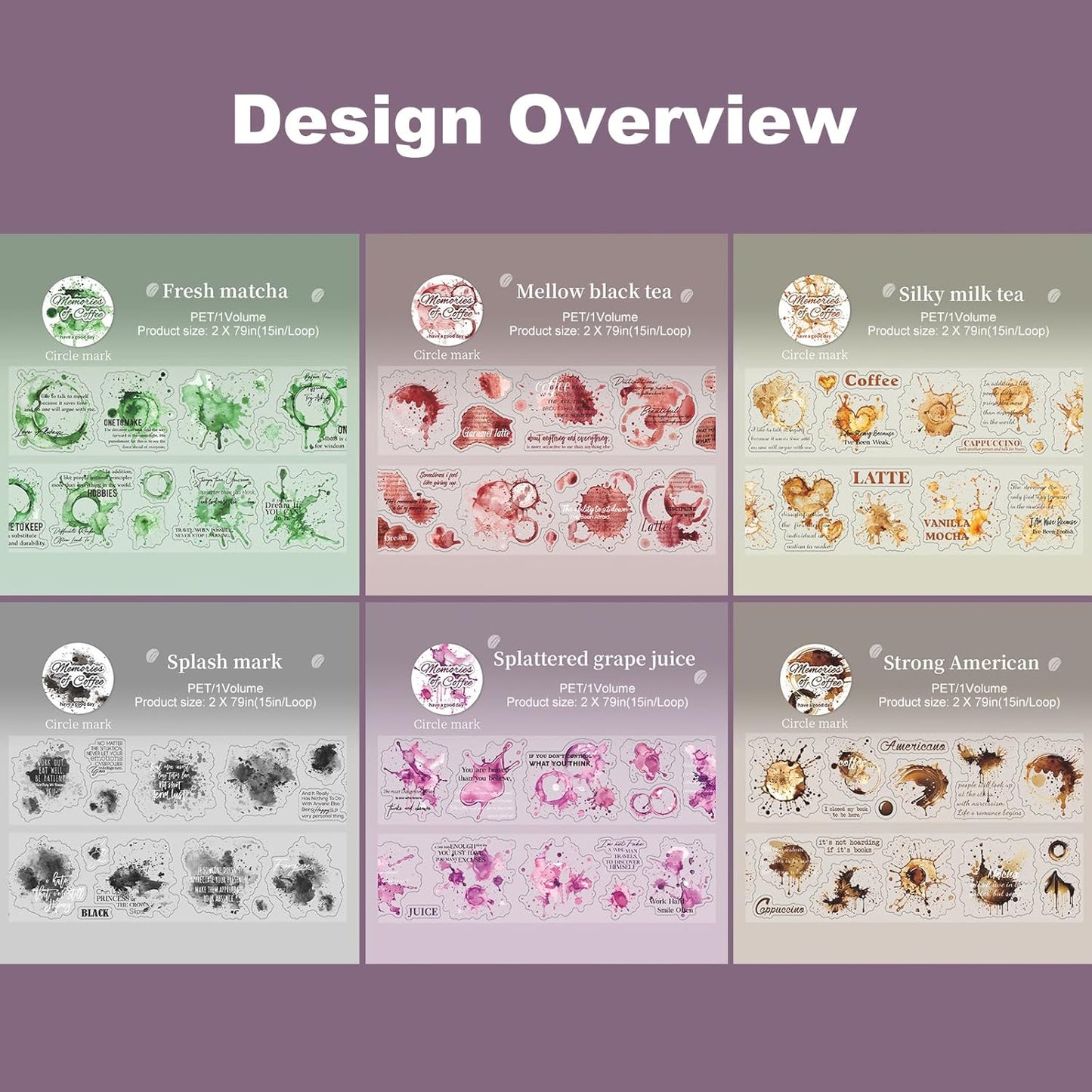 Memories of Coffee PET Tape Set, 6 Rolls Vintage Coffee Stain Stickers with Clip for Scrapbooking, Journaling, DIY and Crafts Supplies