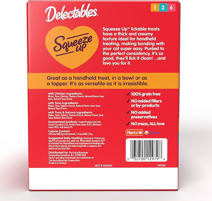 Hartz Delectables Squeeze Up Variety Pack, Creamy Squeezable Puree, Lickable Wet Cat Treats, Grain Free, No Added Fillers, No by-Products, No Added Preservatives, 0.5 Ounces Tube, 72 Tubes Total