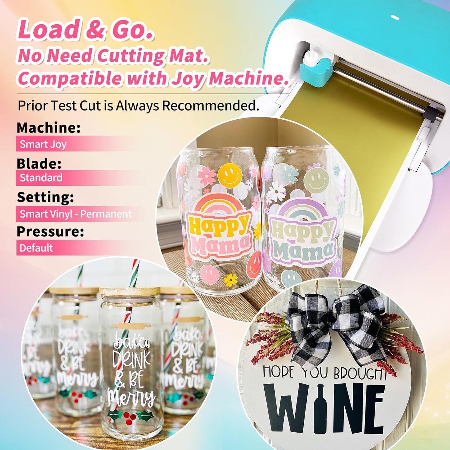 TECKWRAP 5.5"x12" Smart Adhesive Vinyl 25 Colors Holographic Chrome, Matte & Glossy Permanent Vinyl Bundle & 2 PCS Transfer Tape - No Need Cutting Mat- Compatible with Joy Machine for Handcrafts