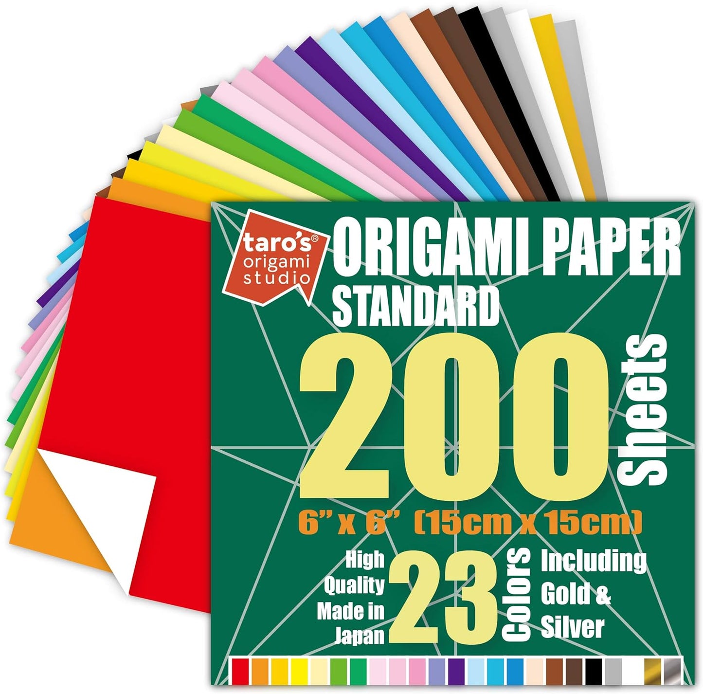 [Taro's Origami Studio] Standard 6 Inch One Sided 23 Colors 200 Sheets Square Easy Fold Premium Japanese Paper for Beginner (Gold and Silver Included)