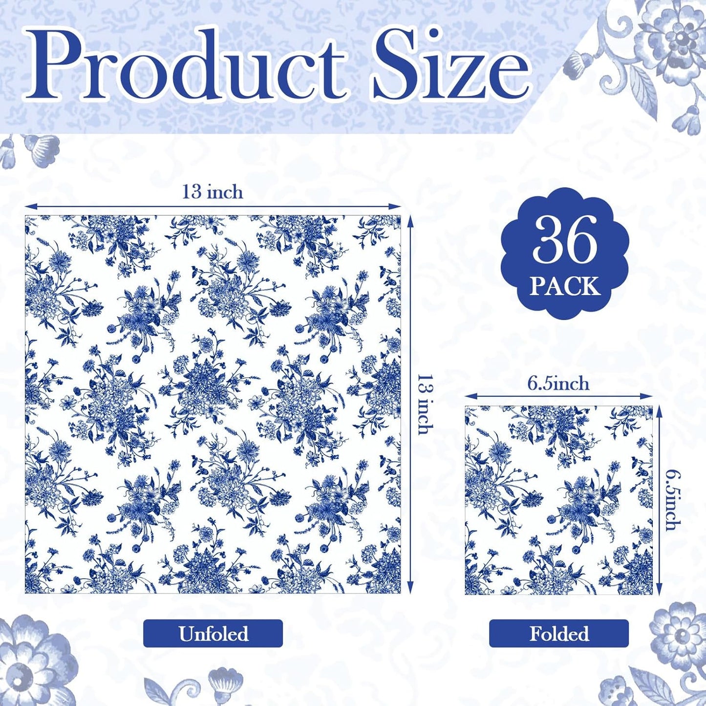 Epakh 36 Pack 6 Style Blue and White Decoupage Paper Napkins Assorted Floral Chinoiserie Decorative Cocktail Napkin Paper for DIY Crafts Fall Christmas Wedding Party Decor, Each Unfolded 13''