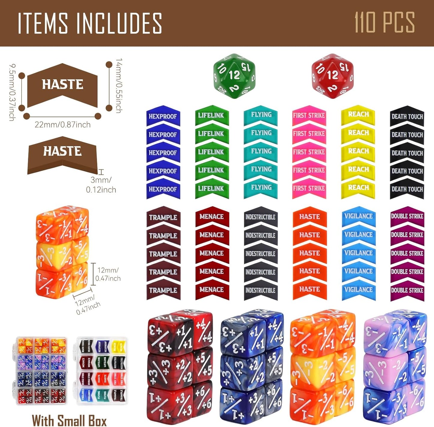 110PCS MTG Keywords Tokens & 12mm Dice Counter for Magic The Gatering, Bulk Ability Tokens MTG Life Counters D20 Loyalty 6 Sided Dice, Compatible with TCG CCG Magic Card Gaming Accessories