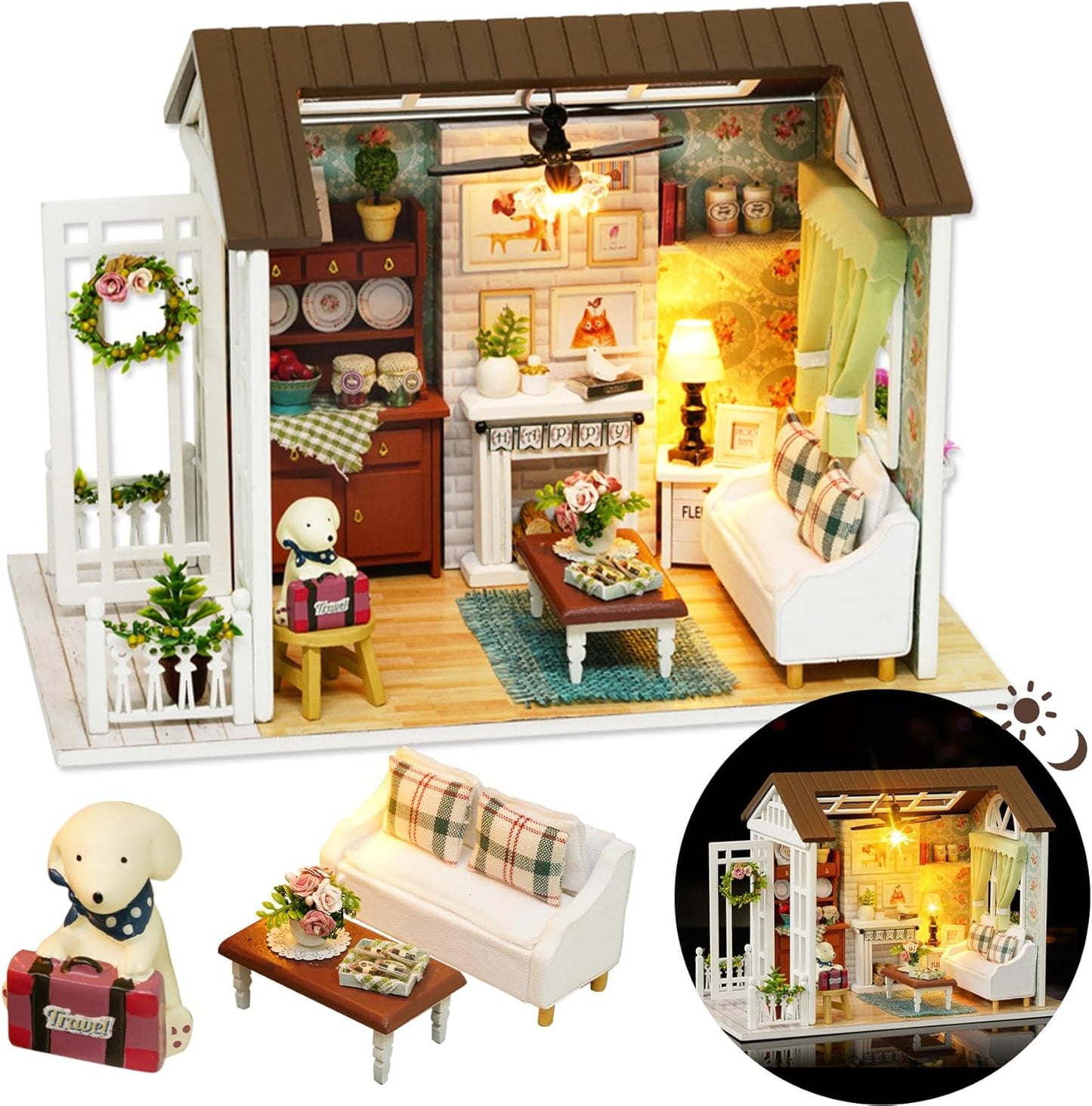 DIY Miniature House Kit, DIY Dollhouse Kit for Adults to Build, Mini House Kit with LED, Mayberry Street Miniatures, Ideal Gifts for Birthday, Valentine Christmas(Happy Times)