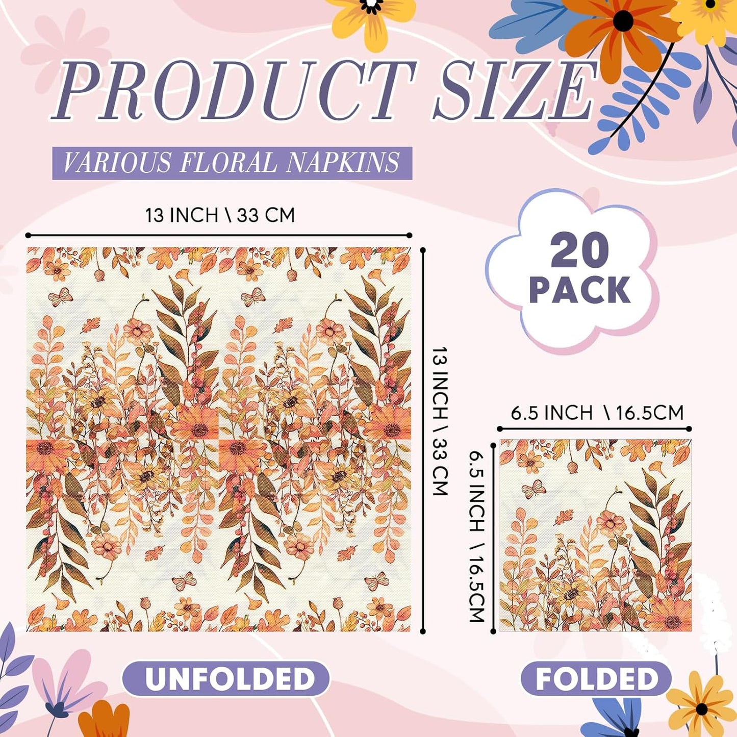 Crtiin 20 Pack Assorted Floral Napkins for Decoupage Toilet Napkins Flower Cocktail Decorative Paper for Birthday Party Beautiful Gorgeous, 20 Styles Each 6.5 inches(Style 8)