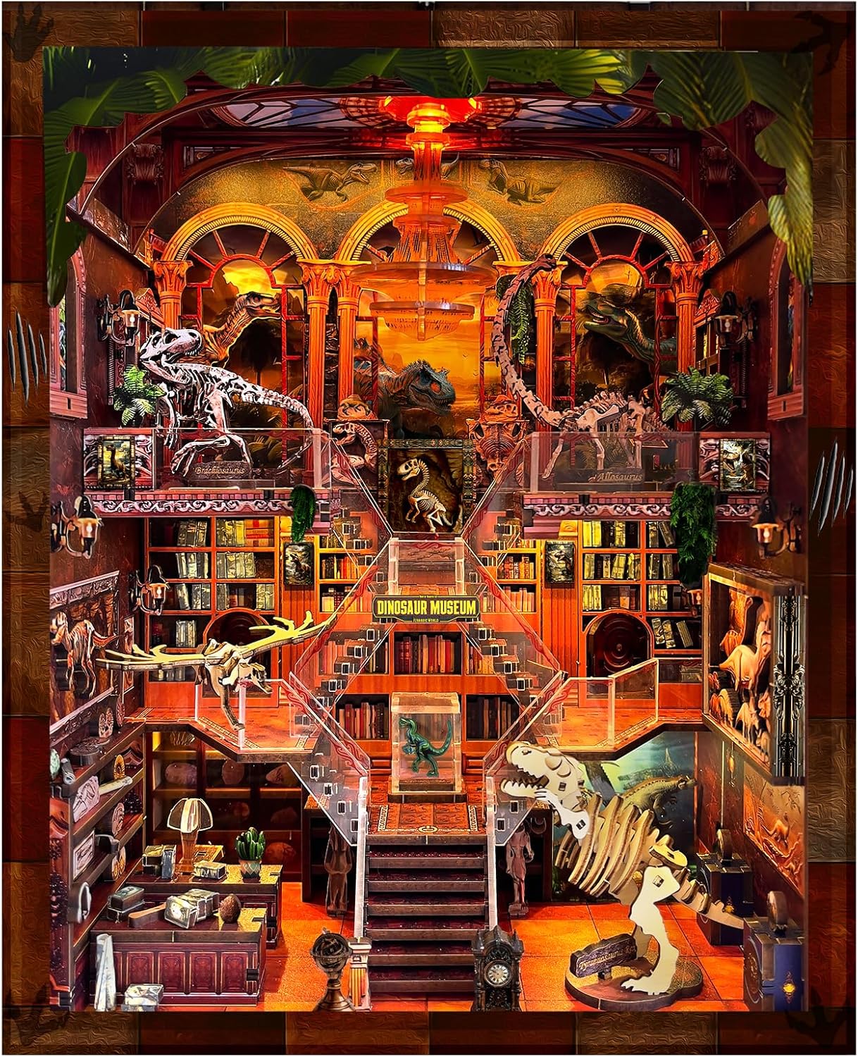 Book Nook Kit - DIY 3D Wooden Puzzle Miniature House with LED Lights - Creative Crafts for Adults - Bookshelf Insert Decor - Educational Gift for Family & Friends（Dinosaur Museum）