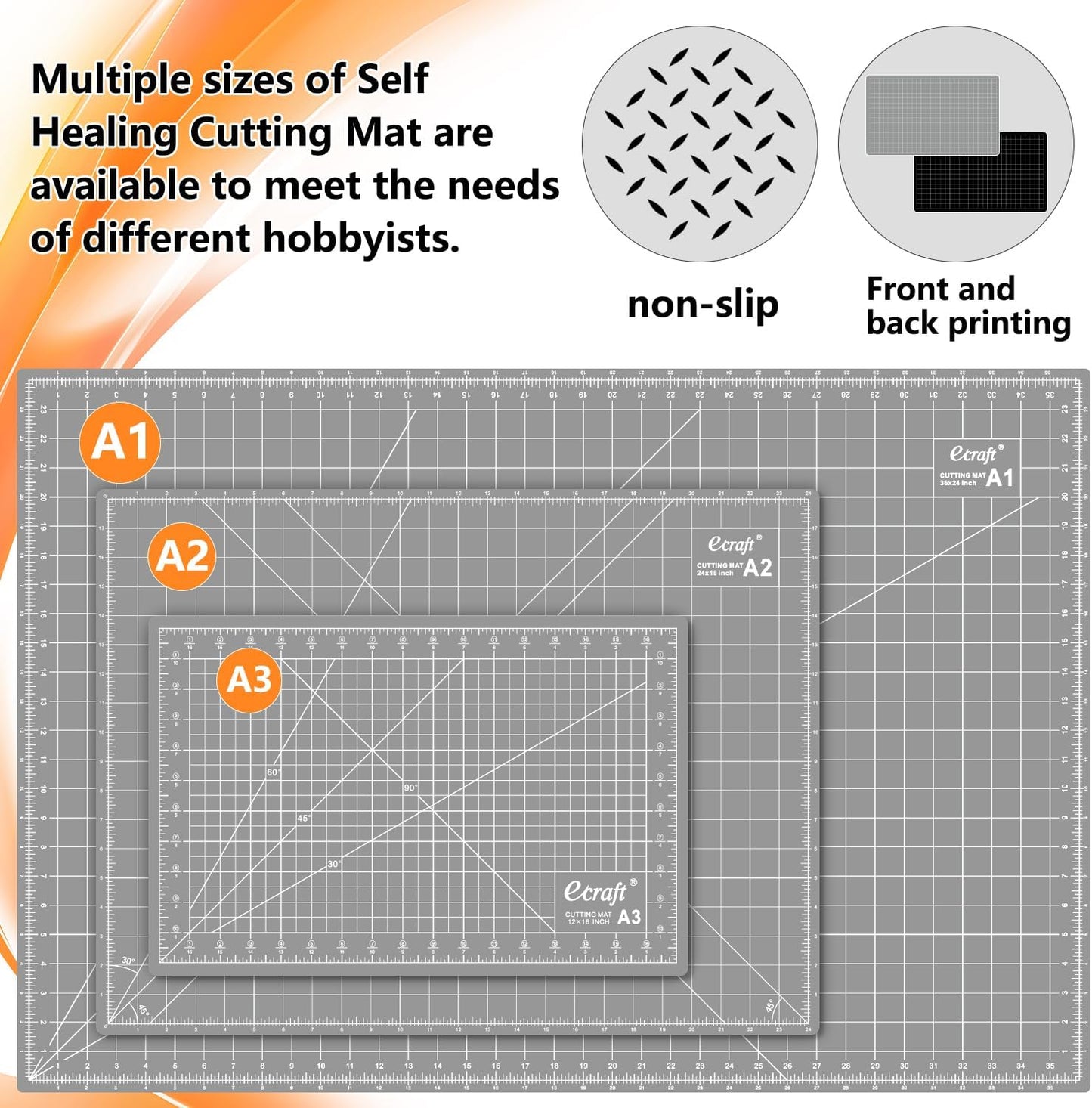 Ecraft Self Healing Cutting Mat:18"x12" Double Sided 5-Ply Hobby Mat, A3 Rotary Cutting Sewing Mat for Crafts, Fabric,Sewing,Quilting,Scrapbooking,Projects,Grey/Black