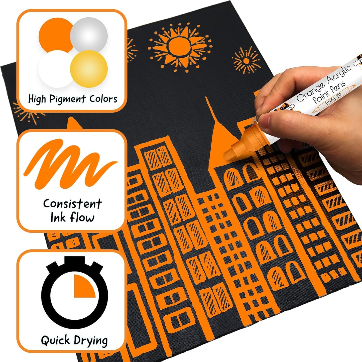 4 Dual Tip Orange Paint Pen Metallic - Fine Tip & Medium Acrylic Paint Markers - Orange Marker for Metal, Wood, Rock Painting, Canvas, Ceramic, Glass, Fabric, Leaf and Plastic - Water-based Ink
