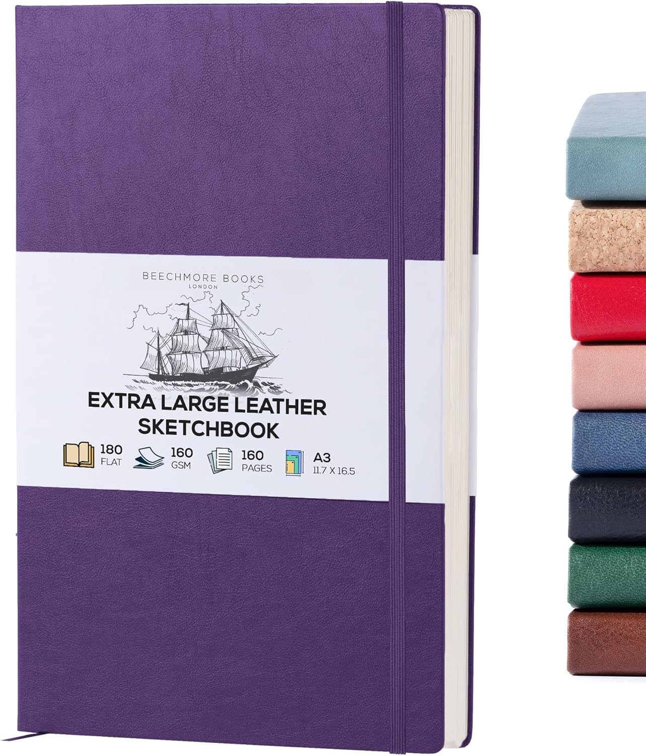 Beechmore Books A3 Sketchbook – 11.7x16.5 Premium Vegan Leather Bound Extra Large Sketch Book Hardcover, 160gsm 160 Perforated Ivory Pages, Blank Sketch Pad, Gift Boxed, Back Pocket, Ribbon Bookmark