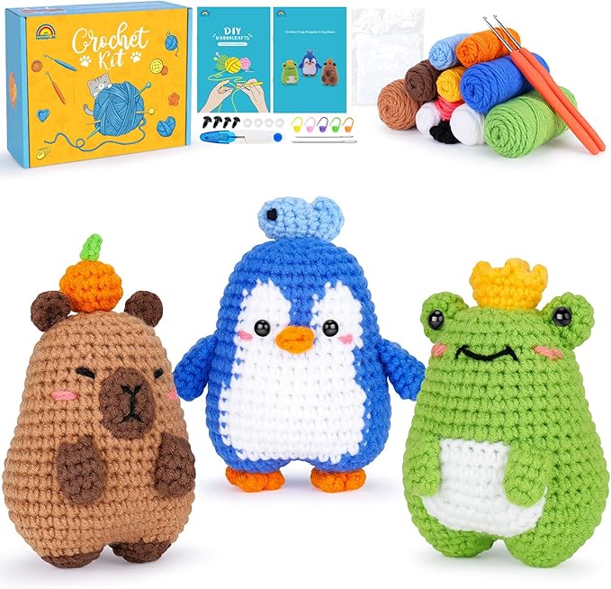 Fortuning's JDS Crochet Kit for Beginners, Crochet Animal Kit Includes Penguin, Capybara & Frog, Complete Starter Kit for Adult and Kids, DIY Craft Crochet Kits, Easy Knitting Kit Christmas Gifts