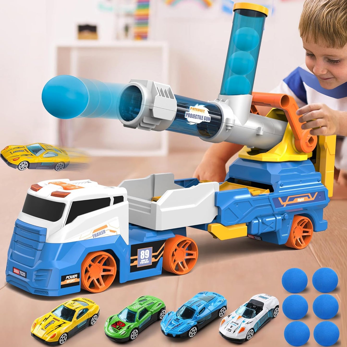 Dwi Dowellin Truck Toys for Kids, 28" Large Car Toys Include 4 Racing Cars+6 Ball, with Light & Sounds, Eejection&Shooting Transport Cars Toy, Gifts for Boys Girls 3-12 Year Old-Blue