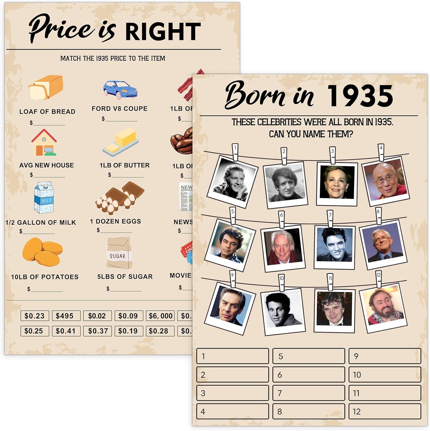 90 th Birthday Party Games, Set of 2 Activities for 15 Guests, Born in 1935 Games Bundle, Birthday Party Supplies for Adults, Pack of 30 Cards