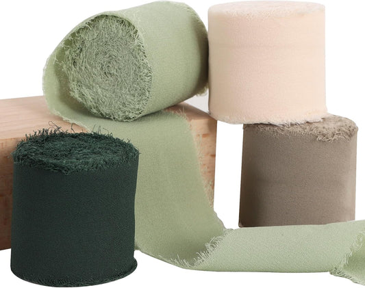 TONIFUL 4 Rolls Silk Chiffon Ribbon, 1-1/2 Inch x 22yds, Sage Green Chiffon Ribbons Set, Handmade Fringe Silk Ribbon for Gift Wrapping Bridal Bouquets Wedding Invitations Decoration Crafts