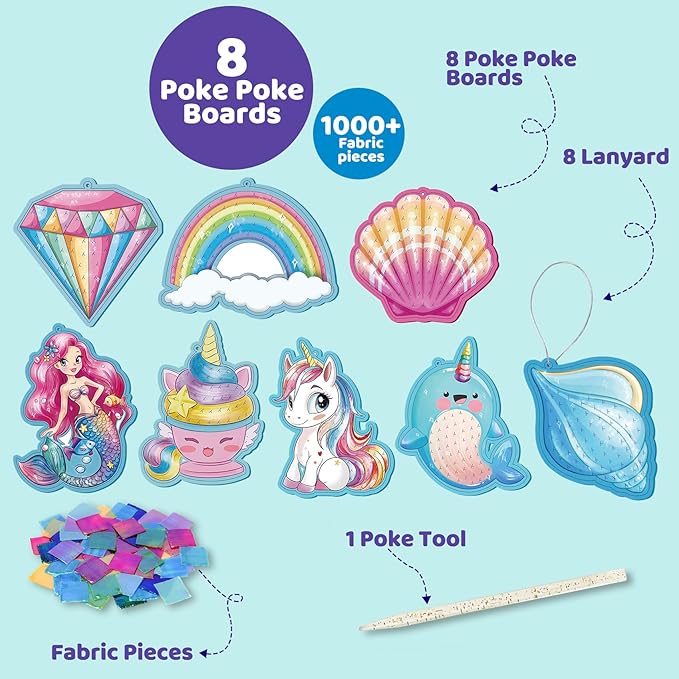 8 Packs Poke in Crafts Art Kits for Girl, Unicorn Mermaid Mess Free Kids' Paper Craft Kits, Birthday Gift for Girls 4 5 6 7 8 9 Years Old, DIY Presents, Mess Free Art Activity