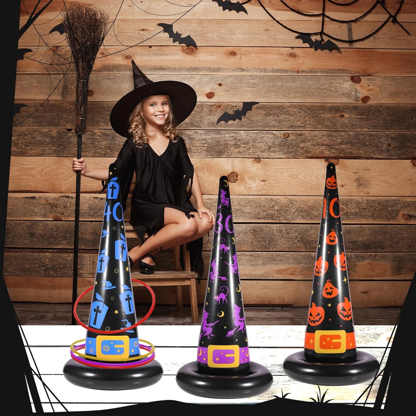 Halloween Ring Toss Game Set, 5Pcs Inflatable Witch Hats with 10Pcs Colorful Plastic Rings and Air Pump for Halloween Party Games Super Fun Indoor Outdoor Party Supplies