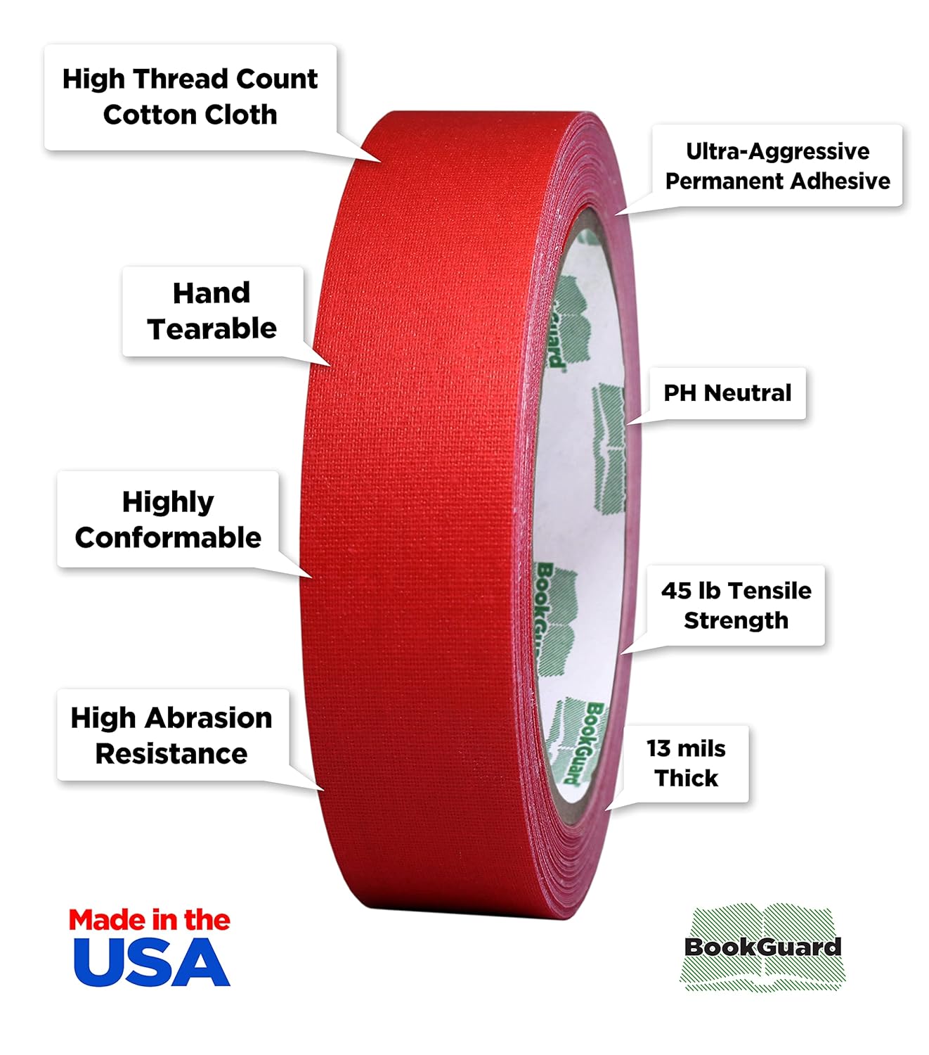 BookGuard 1 Inch Premium Bookbinding Repair Cloth Tape, 15 Yard Roll, Red