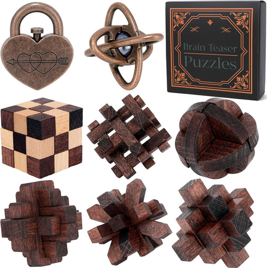 8 Pcs Brain Teaser Puzzles for Adults Teens - Metal Puzzles 3D Puzzle Game Toys for Adults Teens - Wooden Unlock Interlocking Puzzle Adult IQ Education Smart Toys