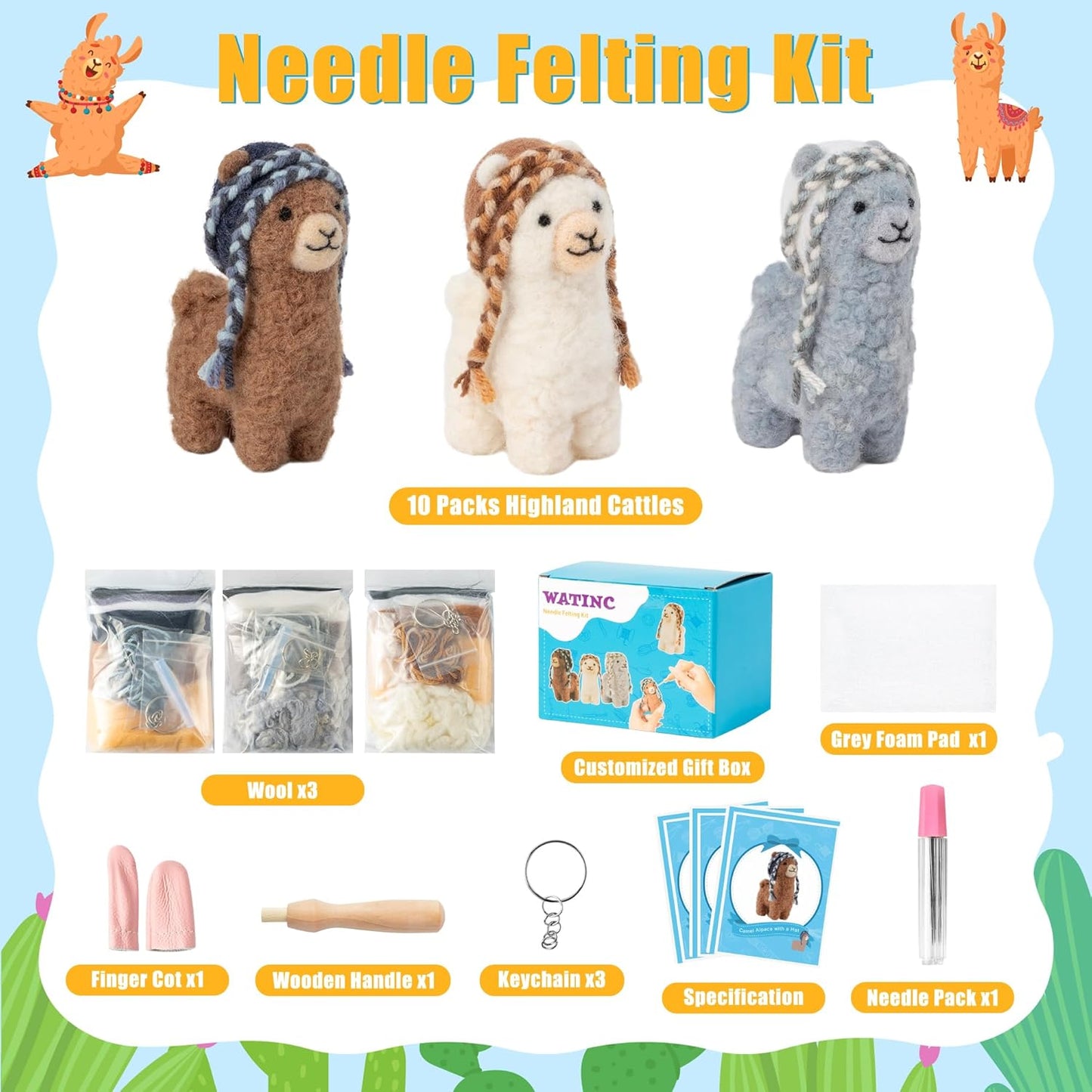 WATINC Needle Felting Kit - 3 Set Unique Different Cute Doll Wool Felt Needle Tools Foam Pad Instruction, DIY Home Decoration Craft Party Supplies for Art Work Starter Beginners (Alpaca)