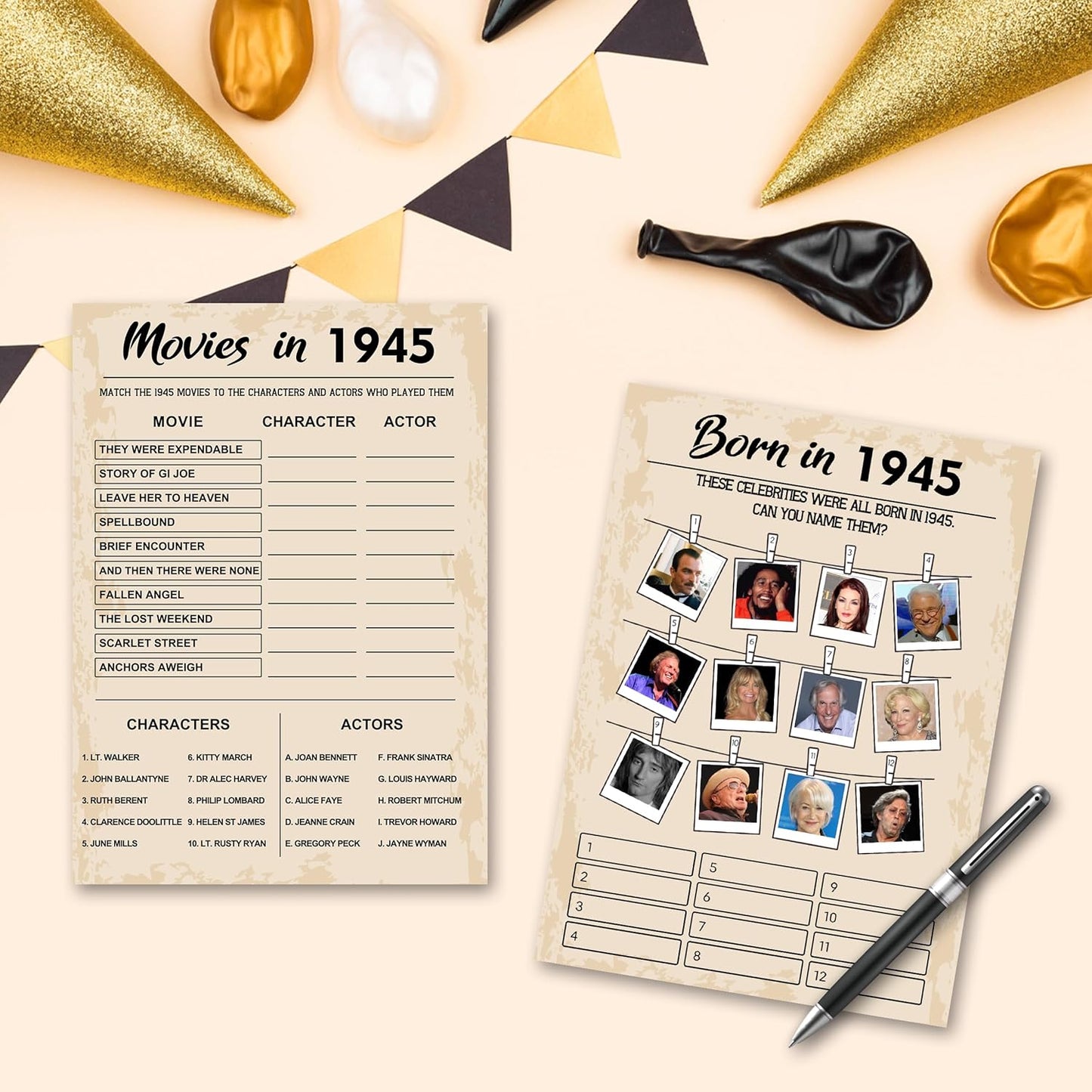 80th Birthday Party Games, Born in 1945 Games Bundle, Set of 5 Activities for 10 Guests, Birthday Party Supplies for Adults, Pack of 50 Cards