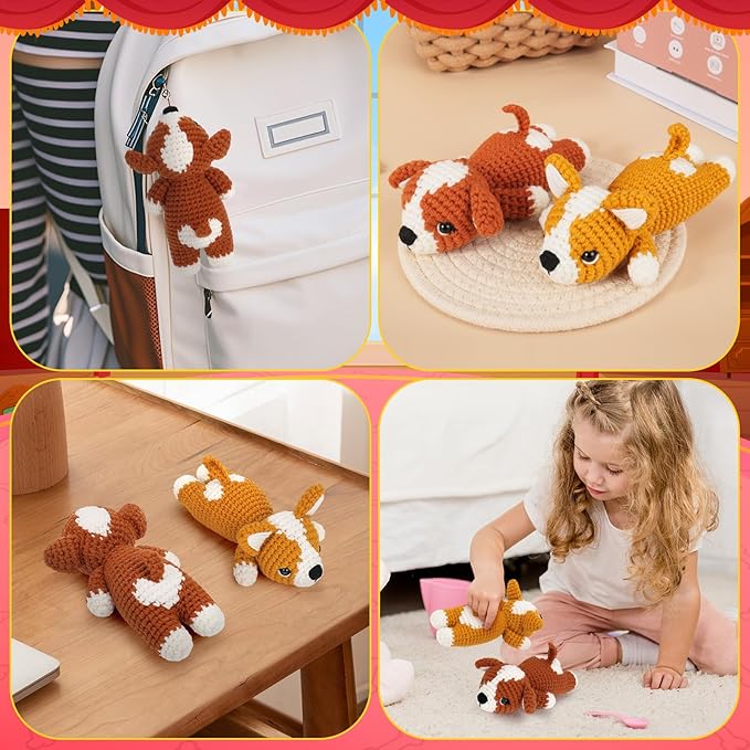 Fortuning's JDS Crochet Kit for Beginners, 2 Adorable Corgi Dog Crochet Animals Kits, Easy Beginner Crochet Kit for Adults & Kids, Women & Men, DIY Craft Knitting Kit with All Supplies