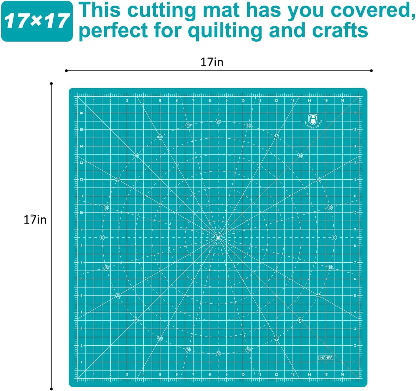 Headley Tools 17"x17" Rotating Cutting Mat, Self Healing Mat with 360-Degree Rotation & Anti-Slip Base, Sewing Board Cutting Mat Perfect for Fabric Quilting Leather Hobby Project, Turquoise