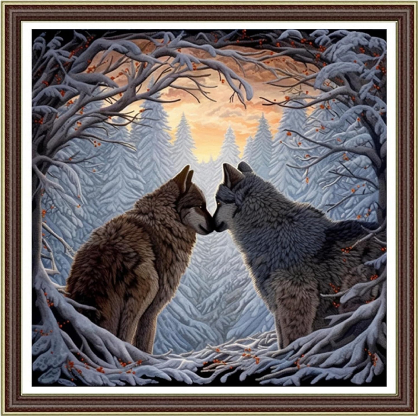 Foxhool Beginners Cross Stitch Kits Stamped Full Range of Embroidery Kits for Adults DIY Cross Stitches kit Embroidery Patterns for Needlepoint kit-Couple Wolf 17.7x17.7 inch