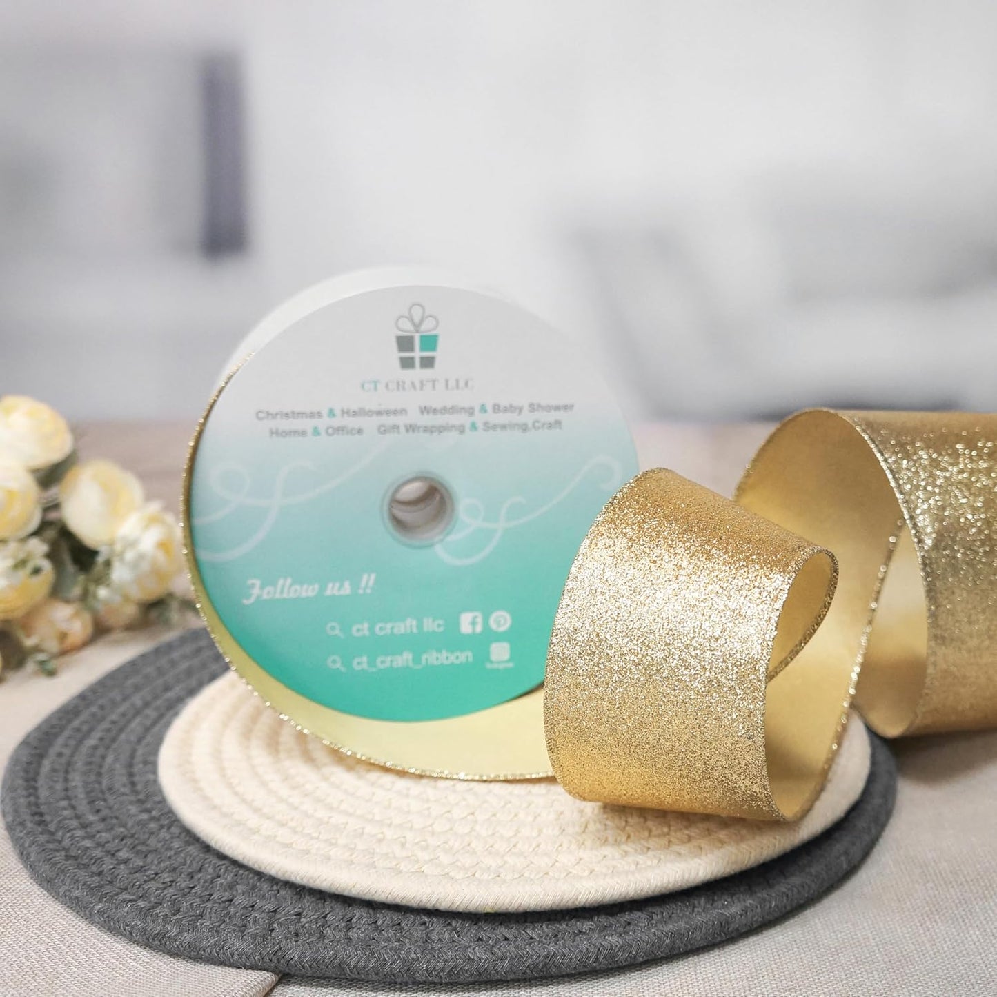 CT CRAFT LLC Glitter Wired Ribbon 2.5" x 20 Yards Light Gold for Christmas Home Decor Bow Gift Wrapping DIY Crafts Wreath