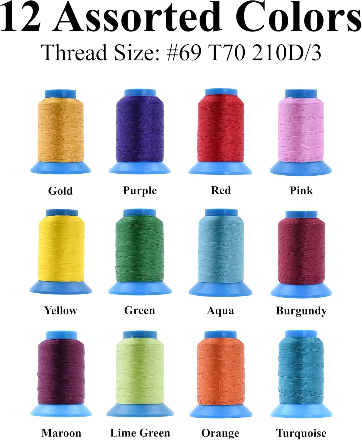 Mandala Crafts Bonded Nylon Thread 12 Assorted Vibrant Colors Heavy Duty Sewing Threads - 3600 YDs Size 69 210D T70 Tex 70 Thread for Leather Jeans Weaving Outdoor Marine Upholstery Threads