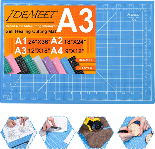 Density-upgraded 18"x12" Self Healing Cutting Mat, Idemeet Rotary Sewing Mat for Crafts, 5-Ply Blade Table Protector Cut Board for Fabric Leather Cutting Quilting Modeling Hobby Project, A3, Blue