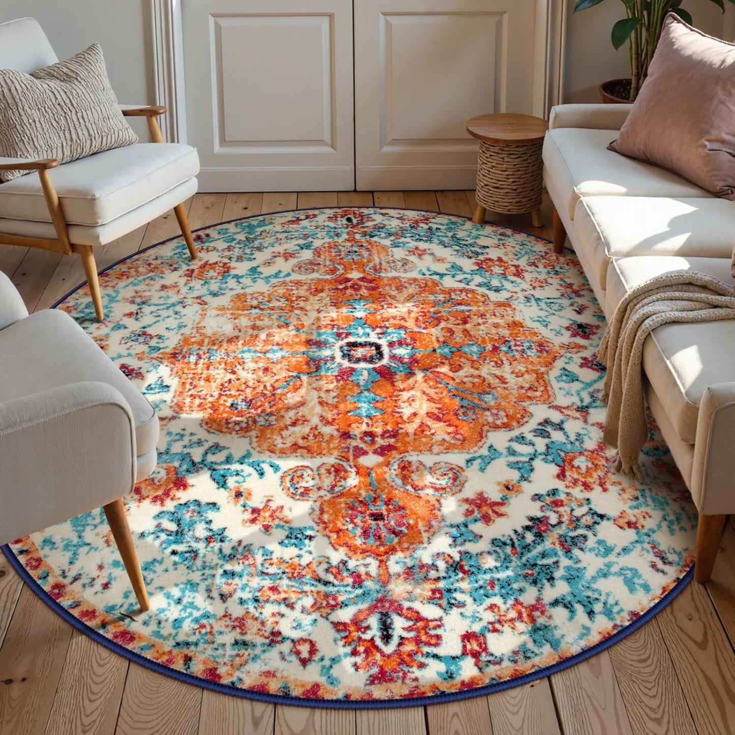 Lahome Washable Round Rugs 5'3"ft, Bohemian Orange Circle Rugs for Living Room, Entryway Round Area Rug, Floral Medallion Soft Non Slip Nursery Carpet for Bedroom Dining Coffee Table