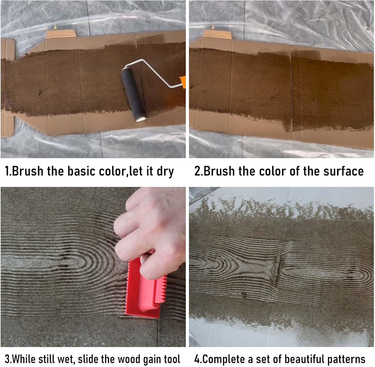 Wood Graining Tool, 4 PCS Wood Grain Tool Set, Rubber Empaistic Wood Texture Painting Tool for DIY Wall Room Art Paint Decoration