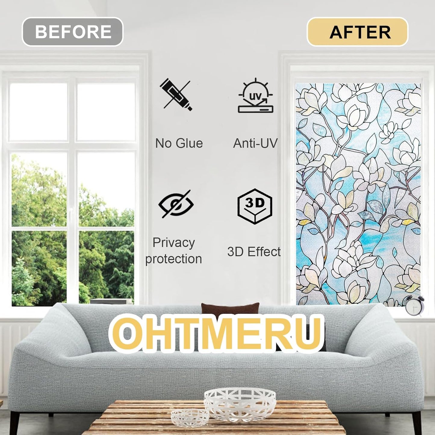 3D Stained Glass Window Privacy Film, Heat Control UV Blocking Static Cling Decorative Window Film for Bathroom,Front Door,Home Non Adhesive,23.6 x 39.3 inches Magnolia