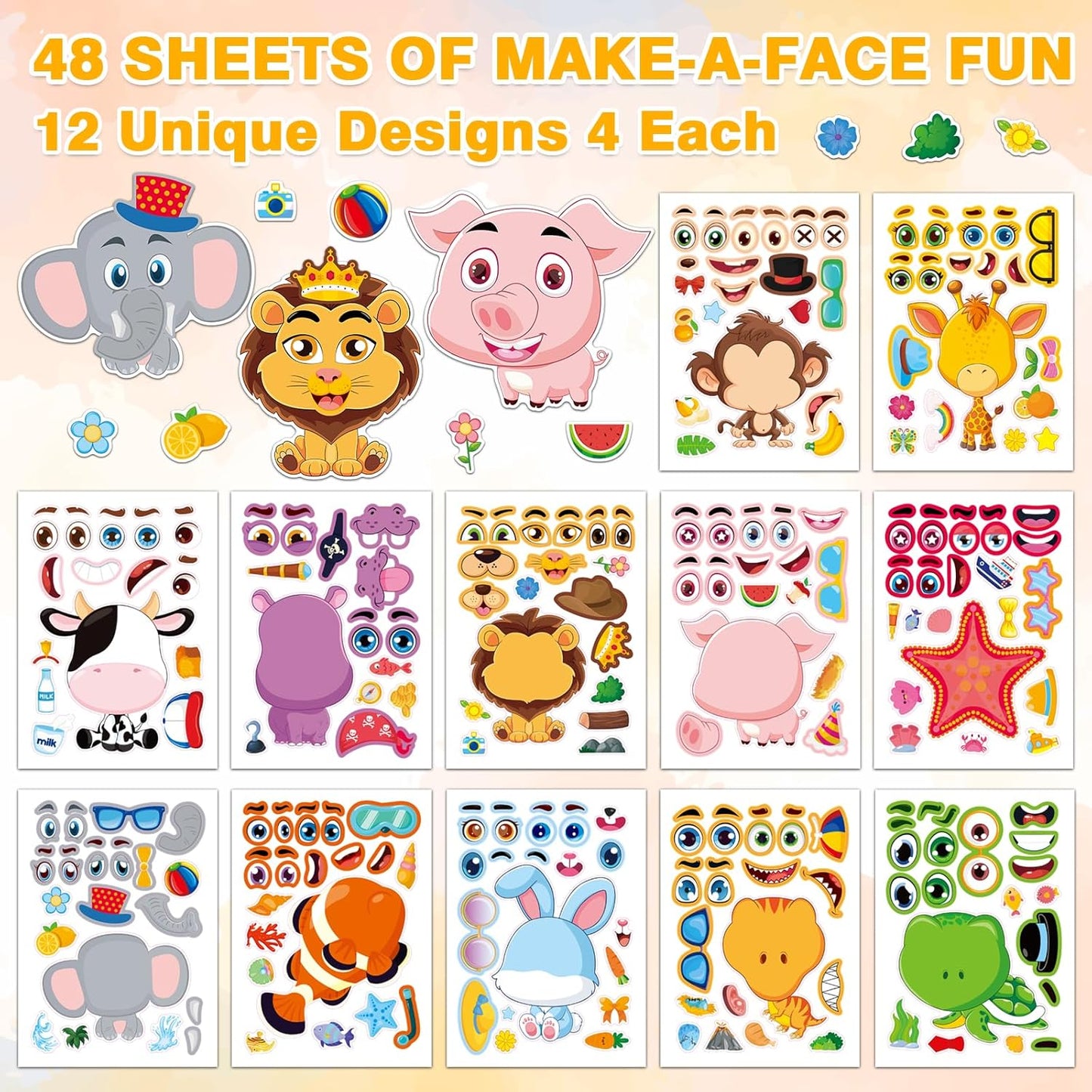 Aowplc 48 Pcs Make-a-Face Sticker Sheets for Kids 12 Animal Designs for Party Favors Crafts Activities & Goodie Bag Stuffers