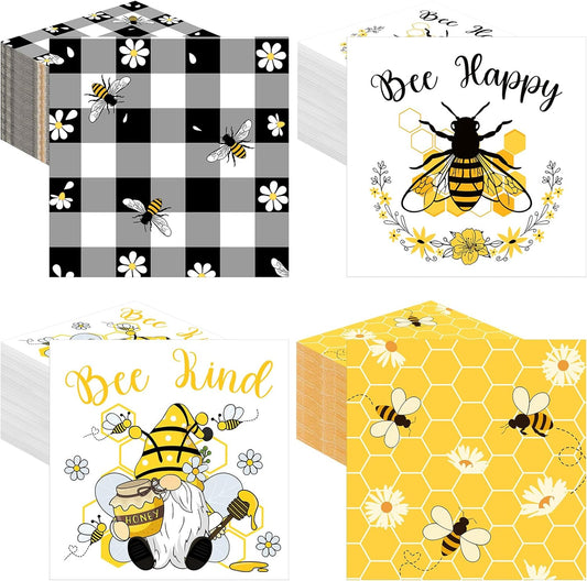 Fulmoon 200 Pieces Summer Bee Cocktail Napkins Disposable Decorative Decoupage Beverage Paper Napkins Bulk Dessert Towel for Summer Tea Party Dinner