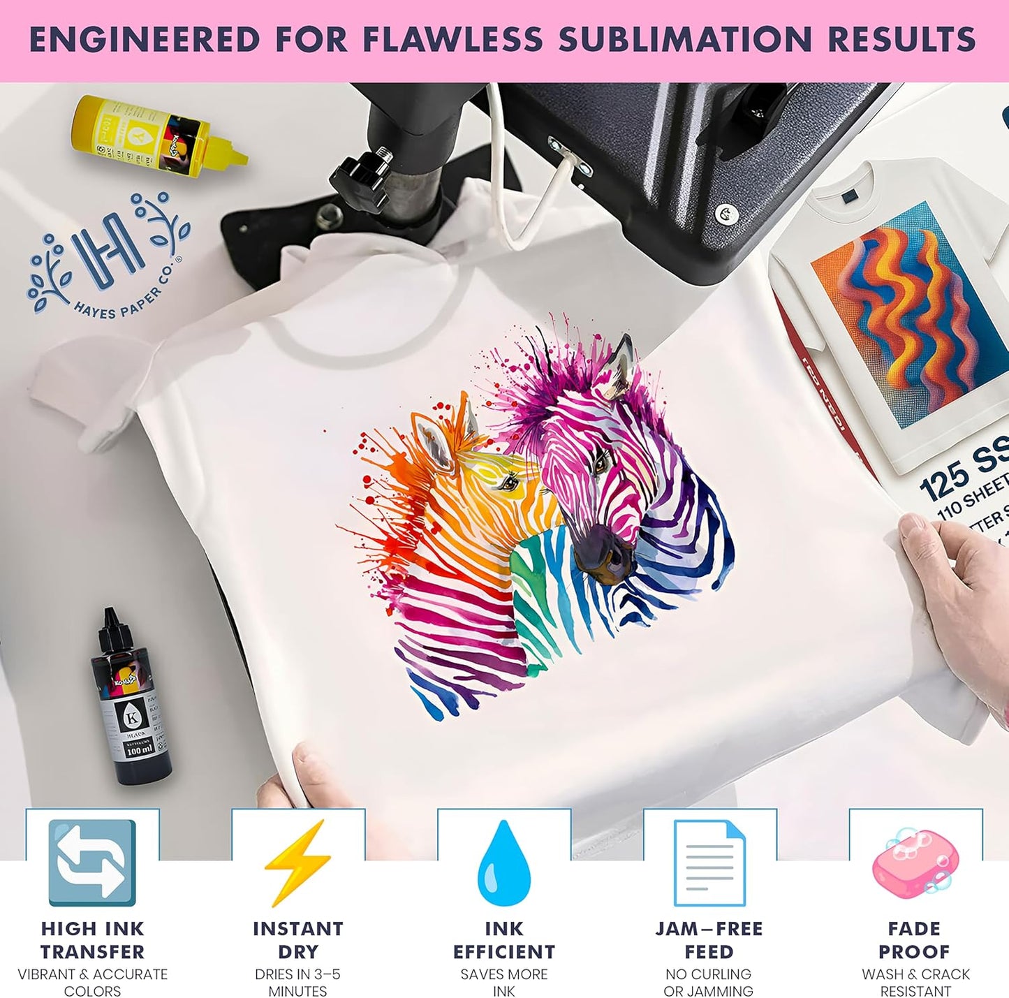 Hayes PinkTech Sublimation Paper 8.5x11 Inch 110 Sheets 125gsm for Inkjet Printer Epson Canon Sawgrass Heat Transfer Paper Works with Sublimation Ink for T-Shirts Mugs Tumblers Sublimation Blanks