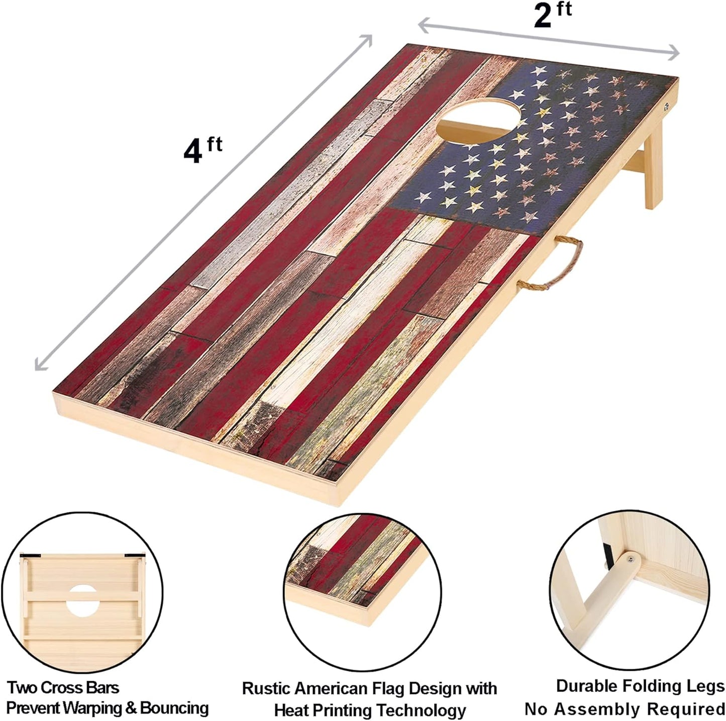 Solid Wood Vintage Cornhole Game Set, Two 4'x2'Cornhole Boards, 8 Cornhole Bags for Indoor and Outdoor Toss Games Competitions, Tournaments
