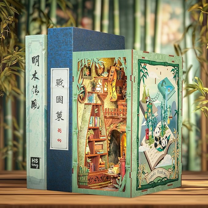 Fsolis Book Nook Kits, DIY Miniature House Kit 3D Wooden Puzzles for Adults Bookshelf Decor Decorative Bookend Gifts for Women Teenagers Book Lovers（Panda Bookshop）