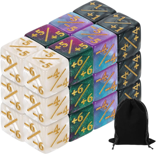 uxcell 24Pcs Magic Dice Counters, Acrylic D6 Life Token Dice Set with Pouch for Standard Cards Gaming Accessories, White Marble, Black Marble, Green & Purple, Blue & Purple