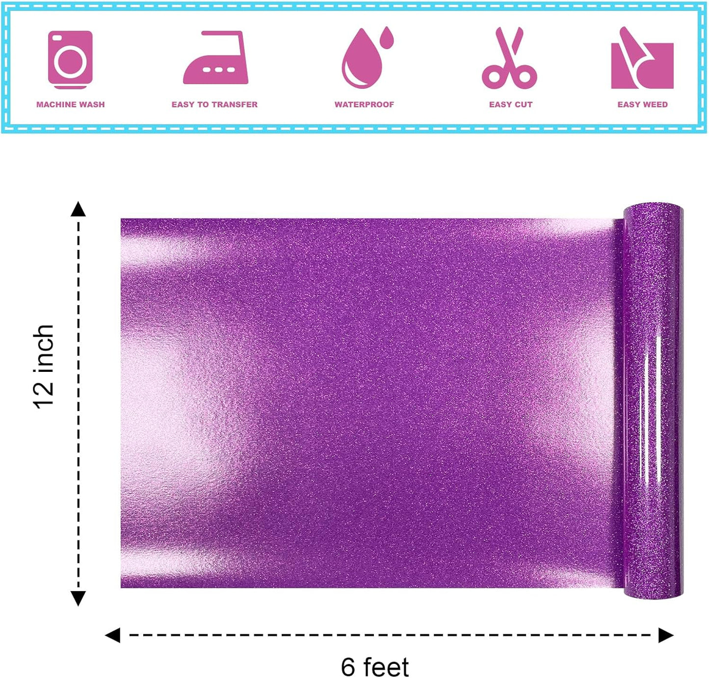 Deep Purple Glitter Heat Transfer Vinyl 12Inch*6FT Glitter Iron on Vinyl for T Shirts Easy to Cut and Weed Compatible with All Cutter Machines HTV Iron on Vinyl for Cricut(Deep Purple)