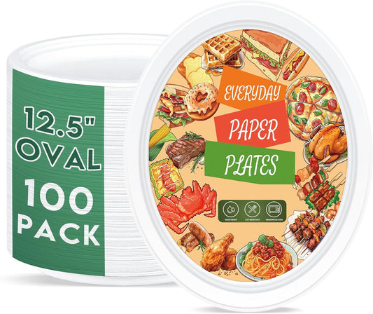 100% Compostable Oval Paper Plates 12 inch Bulk 100 Count, Heavy Duty Large Disposable Plates, Eco-Renewable Sugarcane Pulp Plates for Party,Dinner& Daily Use, White