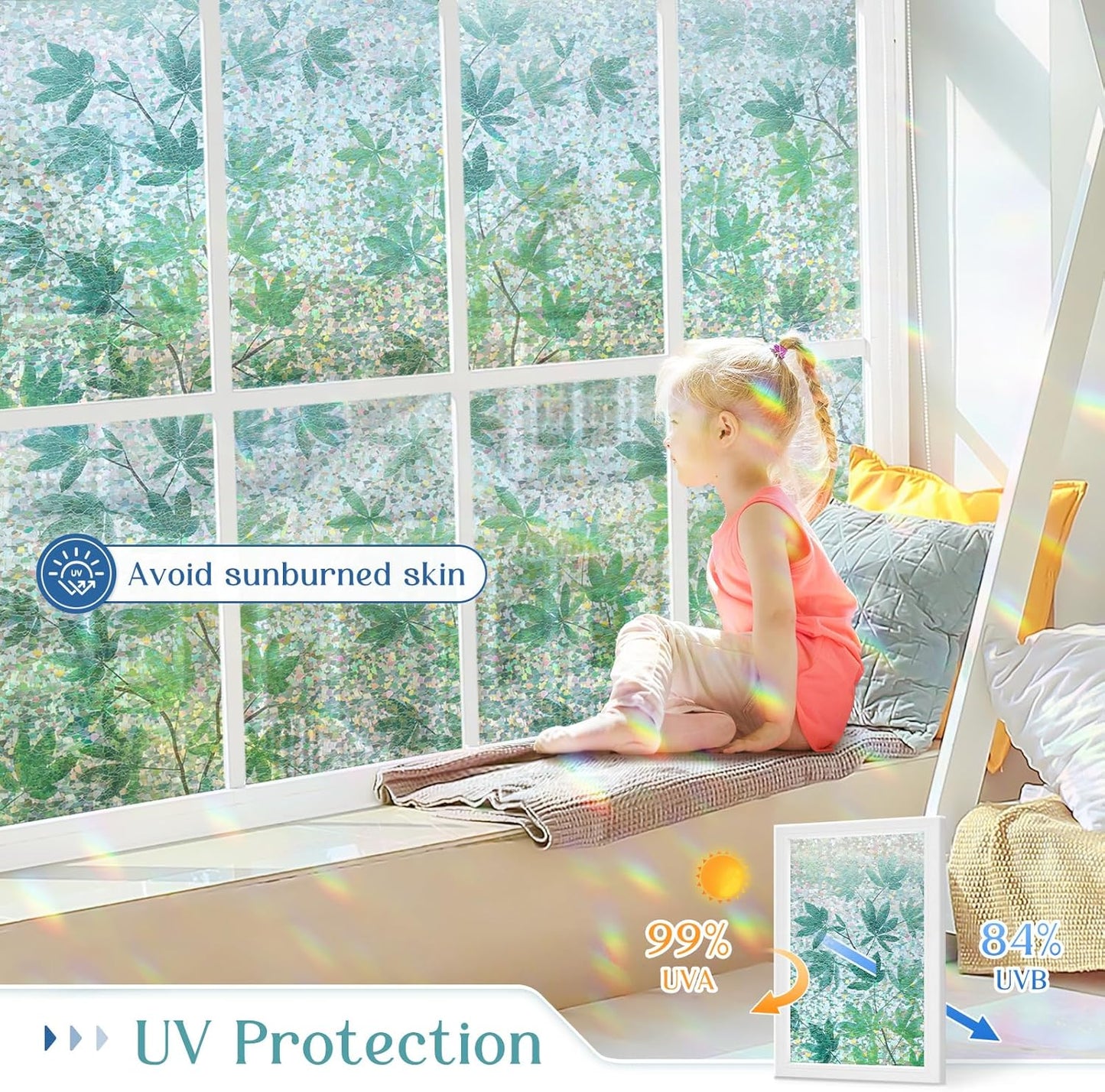 Haton Window Privacy Film, Decorative Stained Glass Window Clings, 3D UV Sun Blocking Sticker, Removable Static Cling Heat Control Tint for Home Door, Leaf Rainbow, 17.5" x 157.4" Non-Adhesive