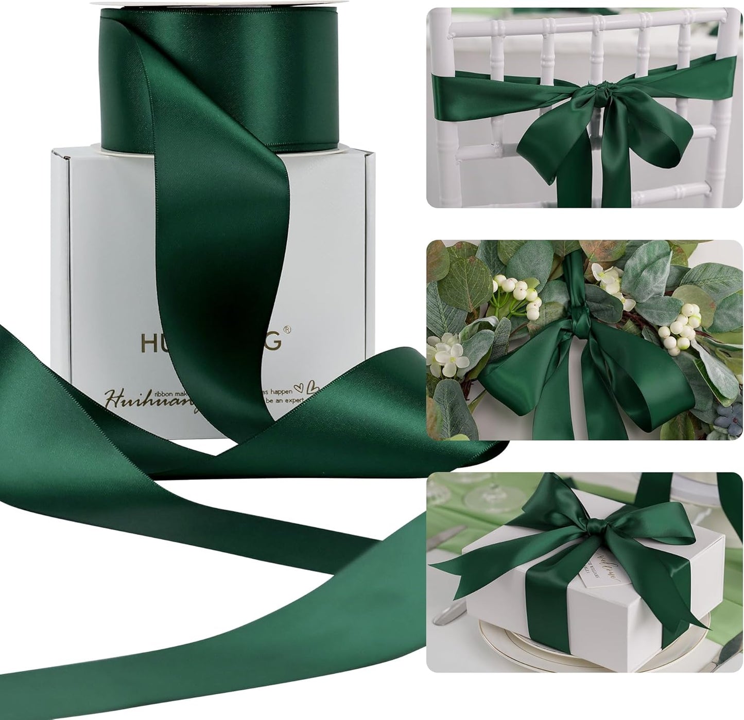 HUIHUANG Hunter Green Satin Ribbon 2 inch Double Side Green Satin Fabric Ribbon for Christmas, Crafts, Bows Making, Flower Bouquet Wrap, Gift Wrapping, Wedding Decor, Home Decor, Hairs-25 Yards/Roll
