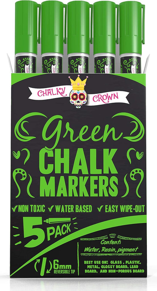 CHALKY CROWN Liquid Chalk Marker Pen - Dry Erase Marker - Chalk Markers for Chalkboard Signs, Windows, Blackboard, Glass - 6mm Reversible Tip (Green, 5 Pack)