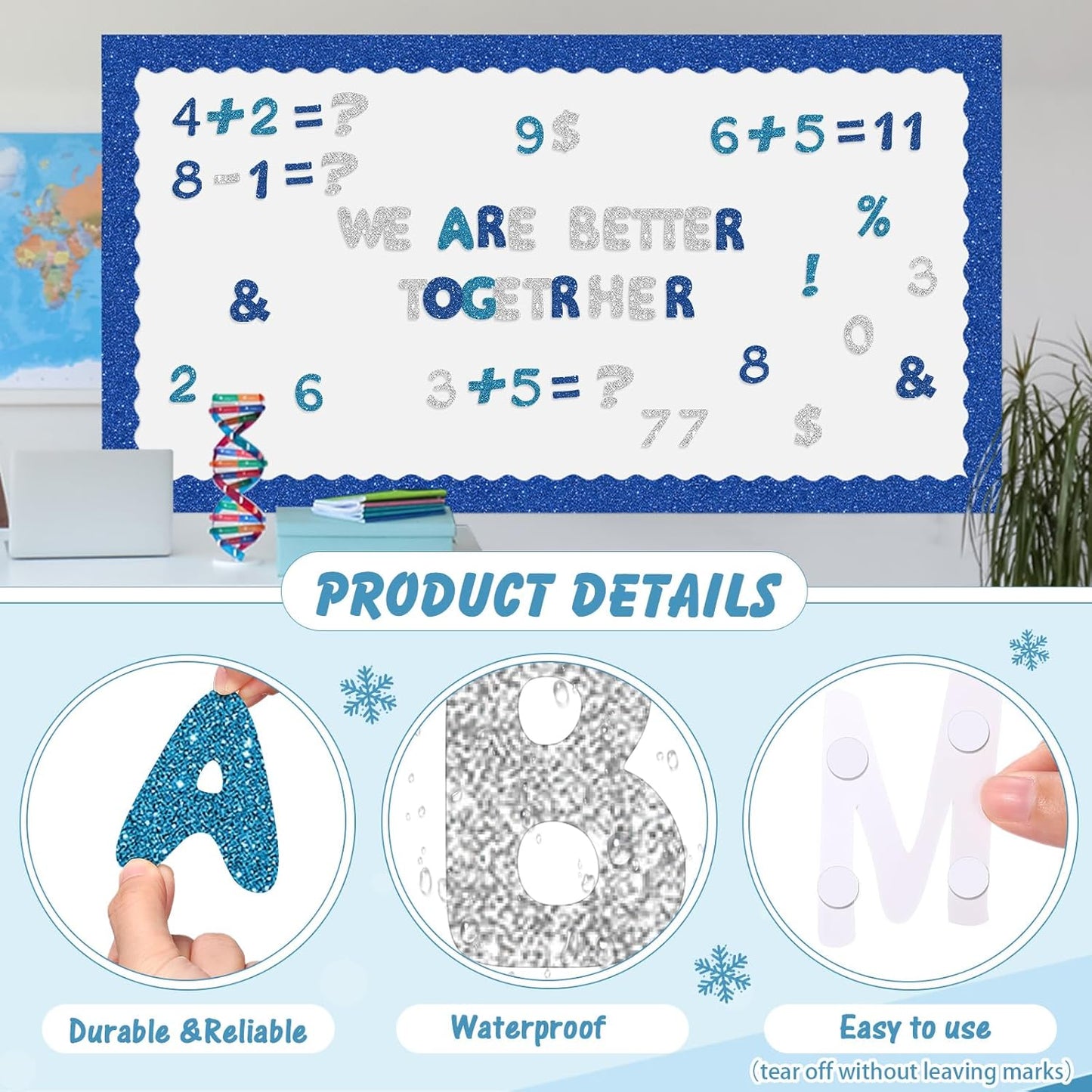 221 Pcs Classroom Bulletin Board Letters Colorful Alphabet Cutouts Number and Punctuation Symbol Combo Letter Cutouts for Wall Chalkboard Poster Board Decor(Blue Glitter Round)