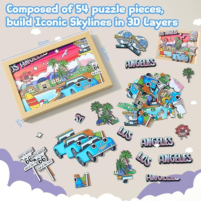 Art Crafts Gift for Kids 4-8ages 3D Wooden City Landmark Series Frame Kit for Kids - DIY Los Angeles Cartoon Style Puzzle Toys Perfect Wall Art and Tabletop Decoration