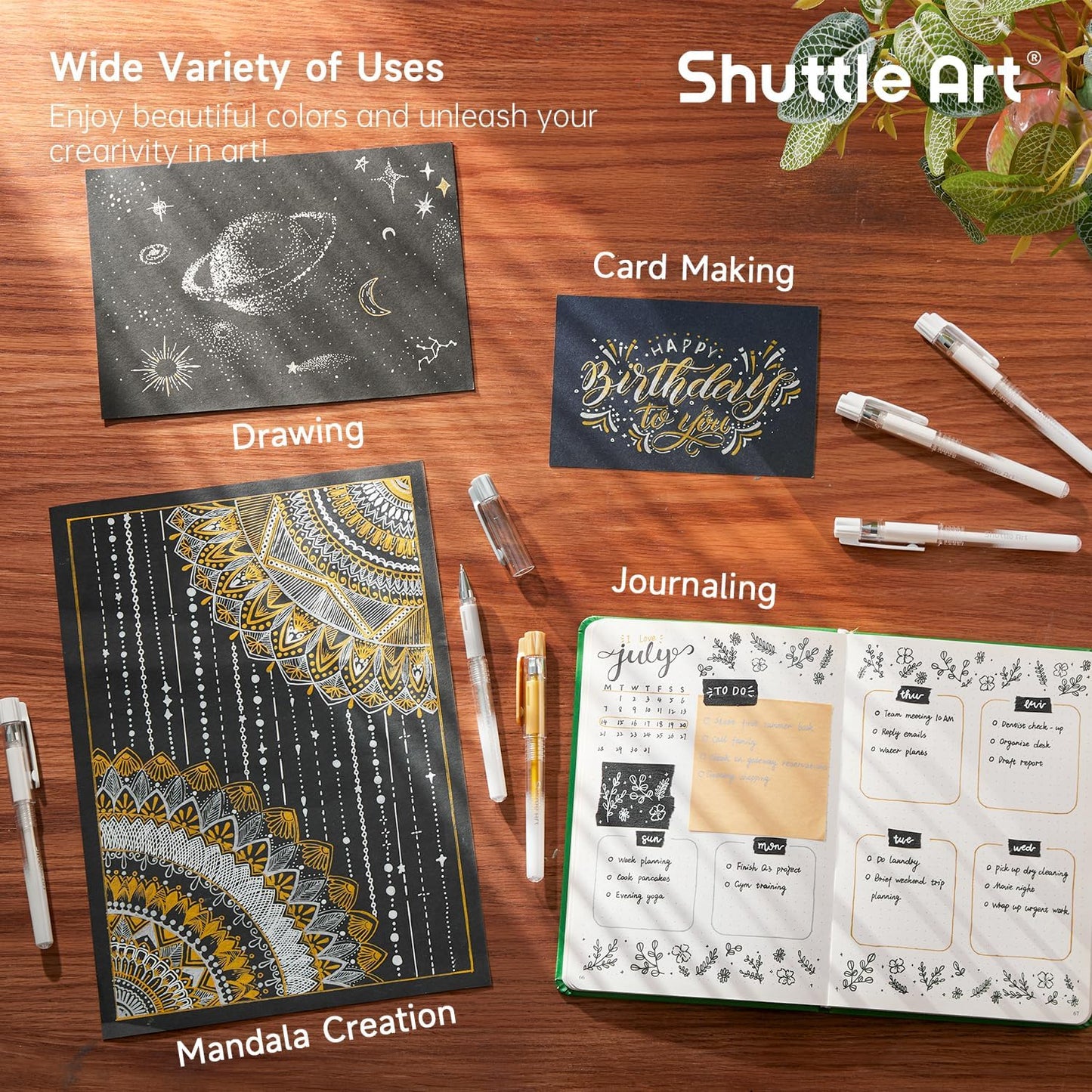 Shuttle Art White Gold Silver Gel Pens, 6 Pack 0.7mm, 1.0mm Metallic Gel Ink Pens Fine Point for Black Paper Highlighting Card Making Scrapbooking Coloring Writing Drawing School Office Home