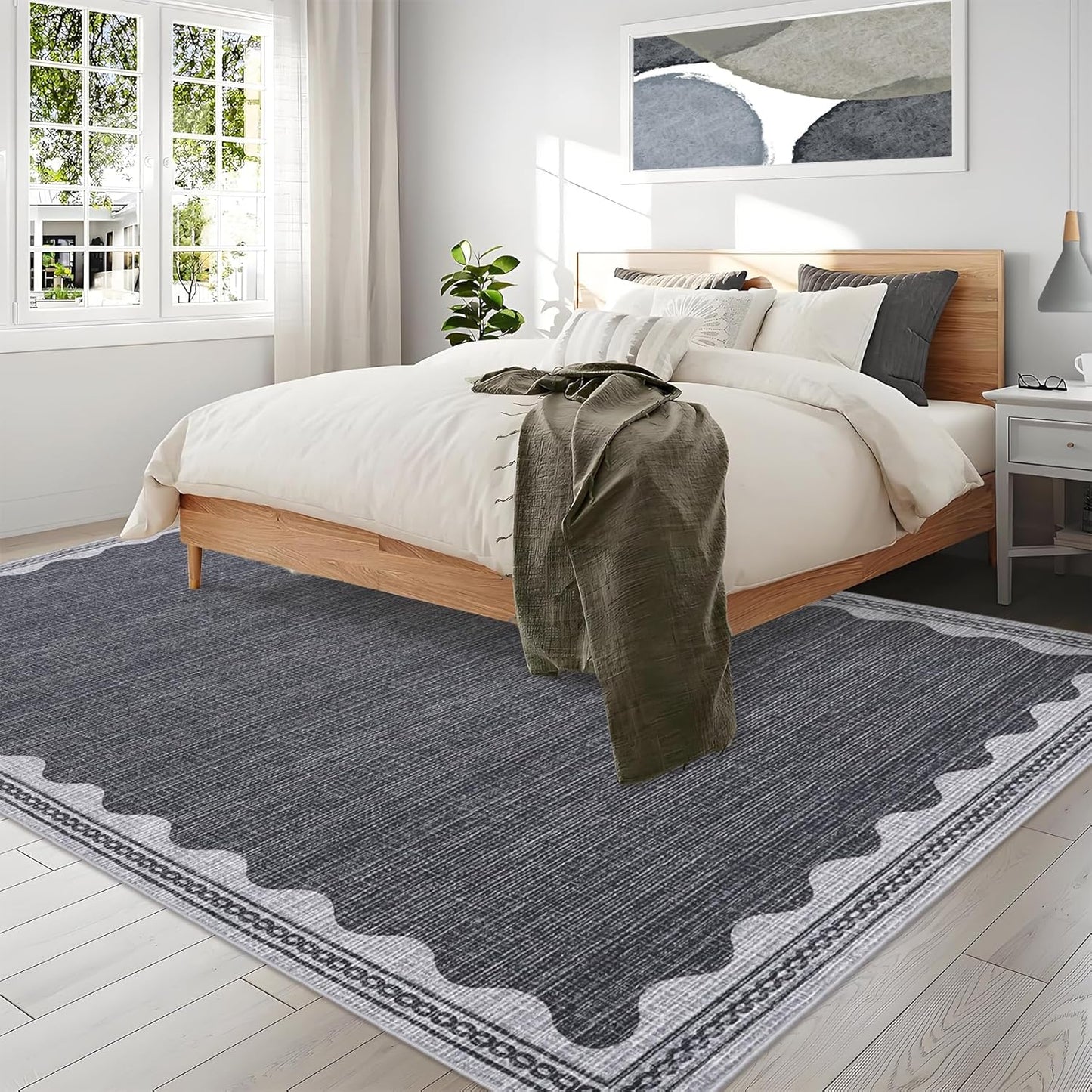 Scalloped Washable Rug 8x10 Area Rugs for Living Room, Solid Grey Rug for Bedroom Girls, Non Slip Throw Carpet with Rubber Back, Soft Dorm Nursery 8x10 Rugs for Dining Room