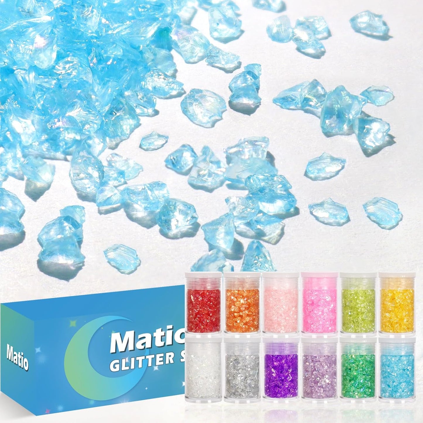 Matio 12 Colors Iridescent Crushed Glass, Irregular Chunky Glitter, Sprinkle Chips for Resin Epoxy Jewelry DIY, Shattered Glass Crystal Flakes Sequins for Nail Art Makeup Decoration Vase Filler